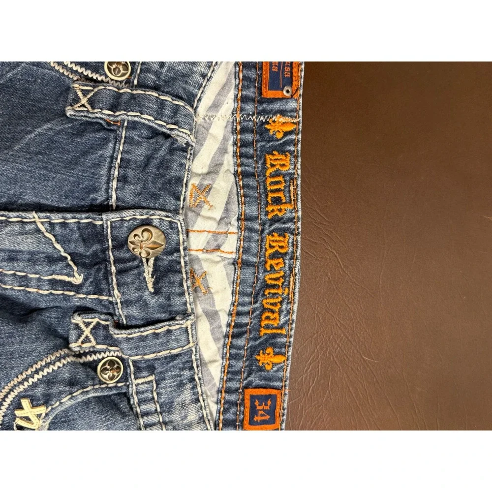 Rock Revival Mens Bootcut Jeans Size 34 Flap Pocket Thick Stitch Blue Y2K